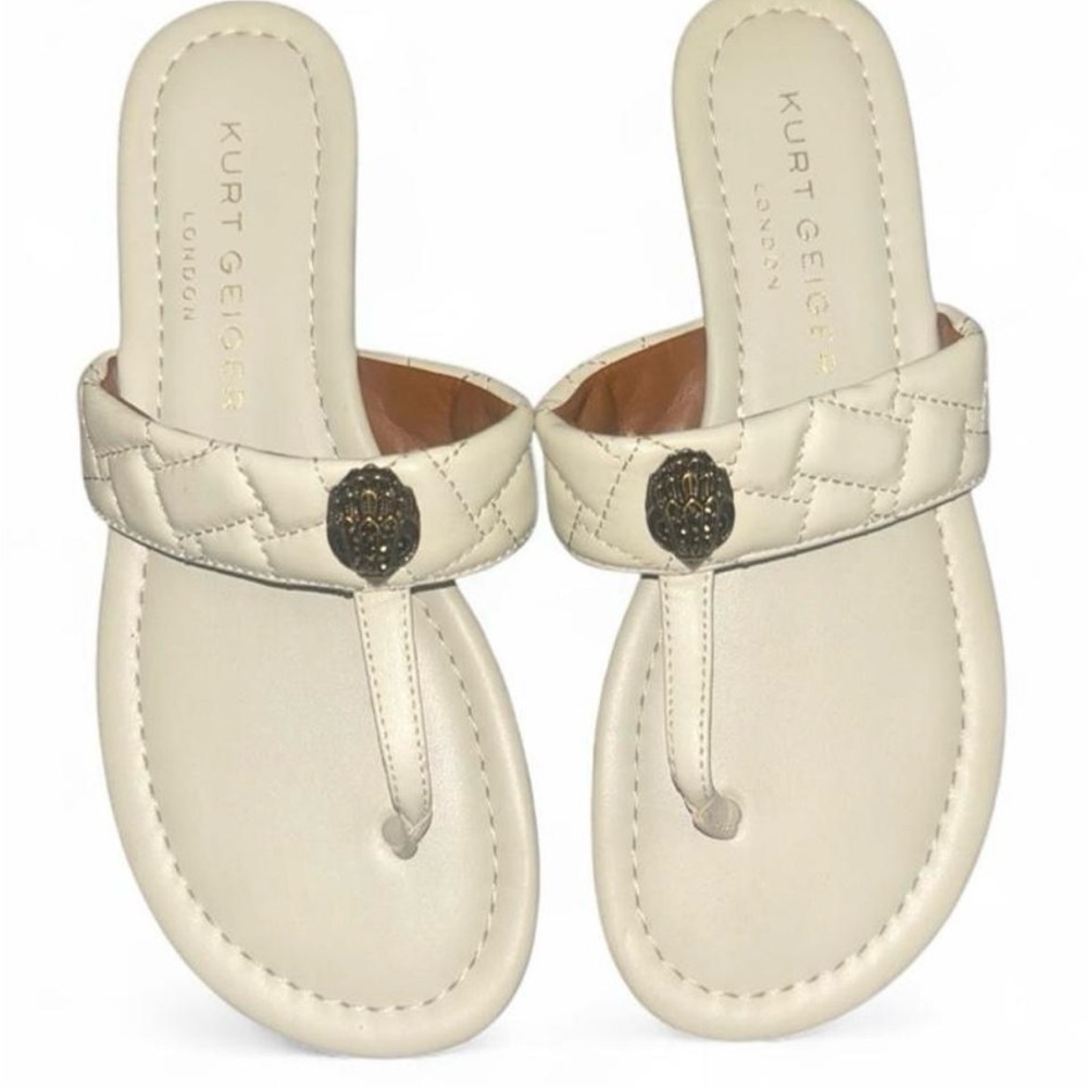 Kurt Geiger Cream Quilted T-Bar Sandals with Gold Emblem